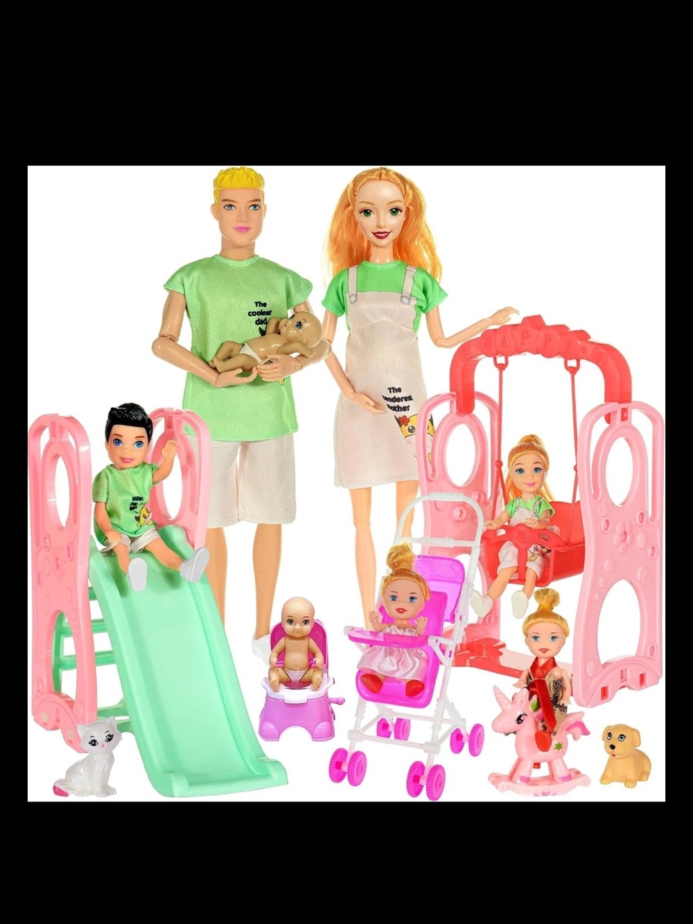 NEW Family Dolls Playset with Slide Swing and Baby Stroller 7 People Pets